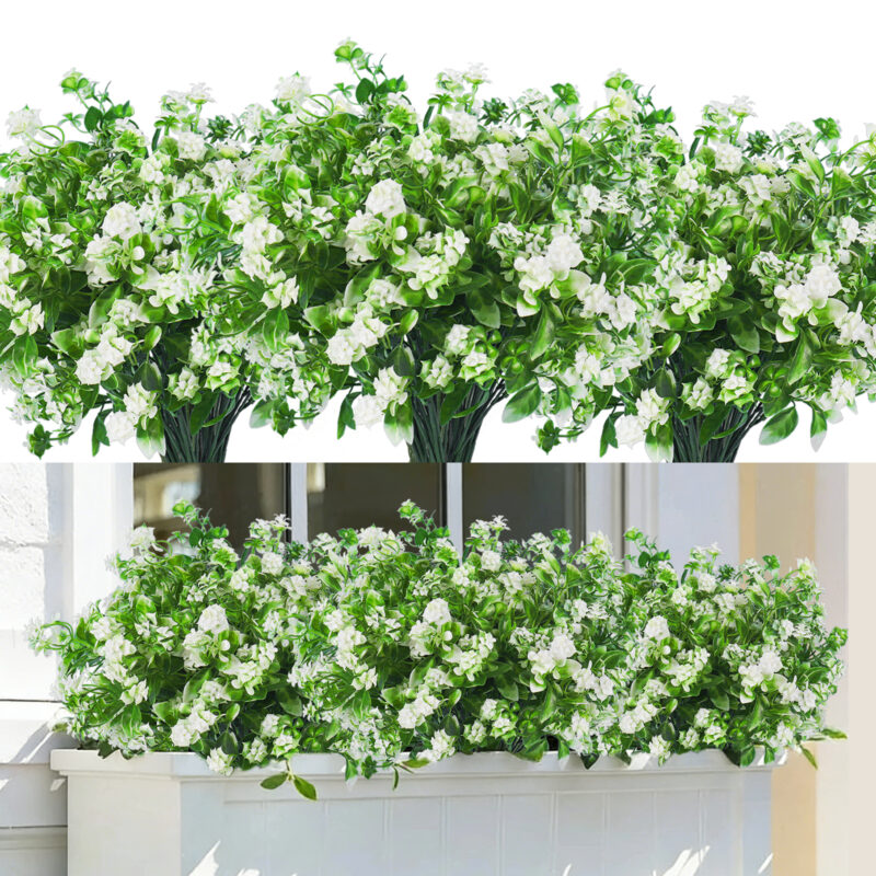 RECUTMS 8Pcs Artificial Flowers Outdoor Fake Flower Faux Plastic Plants Greenery UV Resistant for Room Garden Porch Wedding Party Summer Decorations Indoor (3 Colors)